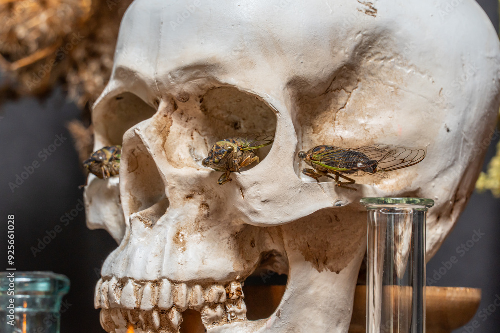 Wall mural human skull and cicadas creatures bugs for ritual selective focus. halloween occult, esoteric and di