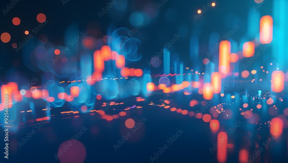 Poster a stock market graph on the screen, blue background with bokeh effect. the trading chart is depicted