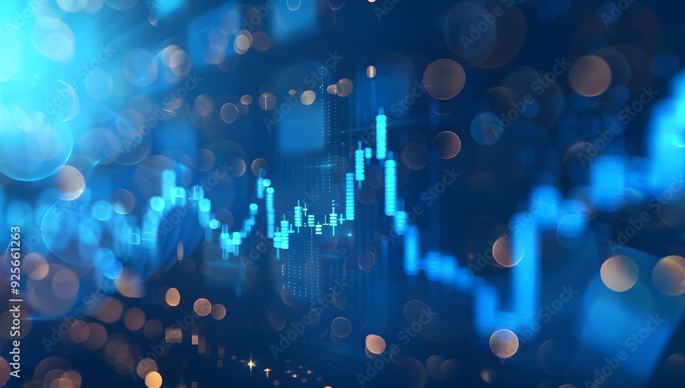Poster a stock market graph on the screen, blue background with bokeh effect. the trading chart is depicted