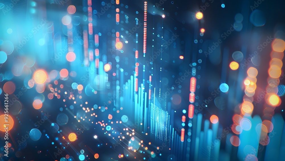 Poster a stock market graph on the screen, blue background with bokeh effect. the trading chart is depicted