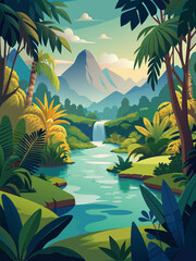 background cartoon jungle leaves river, vector illustration flat 2