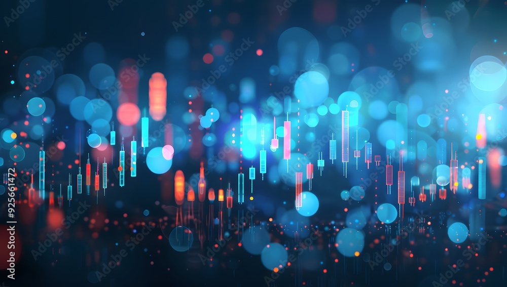 Poster a stock market graph on the screen, blue background with bokeh effect. the trading chart is depicted