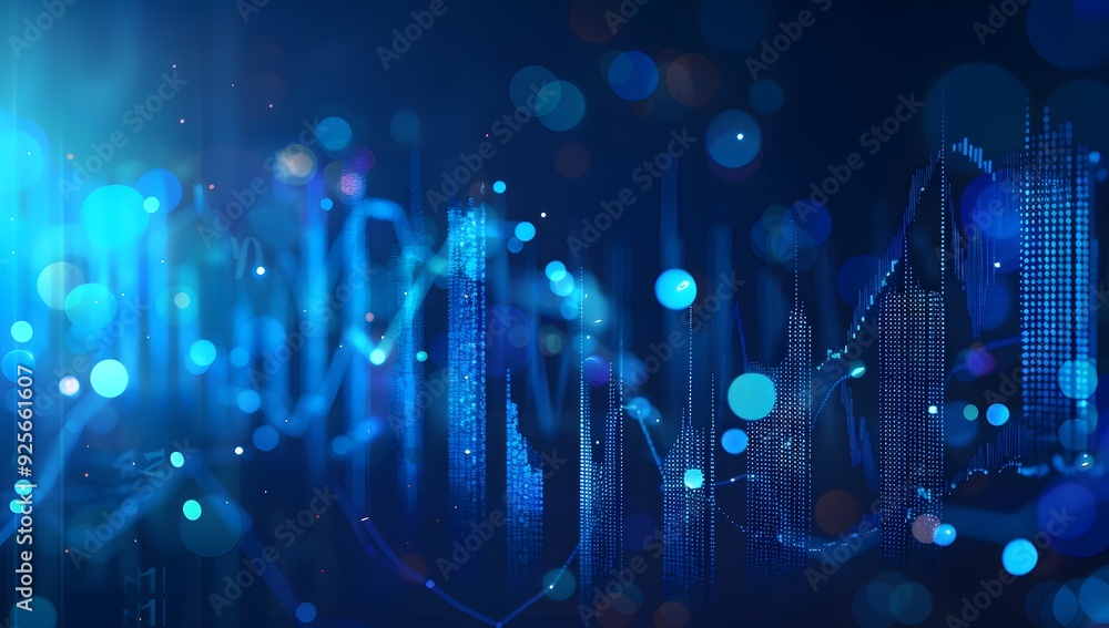 Poster a stock market graph on the screen, blue background with bokeh effect. the trading chart is depicted