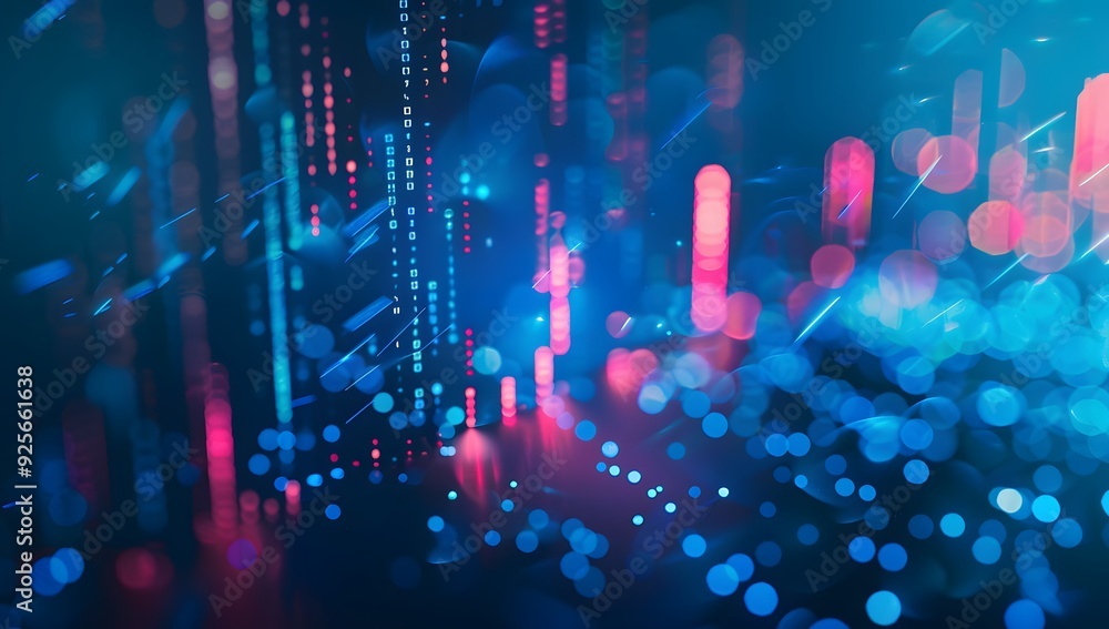 Poster a stock market graph on the screen, blue background with bokeh effect. the trading chart is depicted
