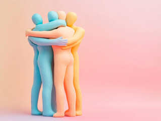 Colorful plasticine group of people hugging each other. Business teamwork and community