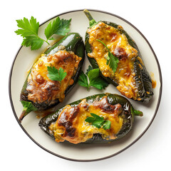 a plate of stuffed poblao peppers with cheese and parsley
