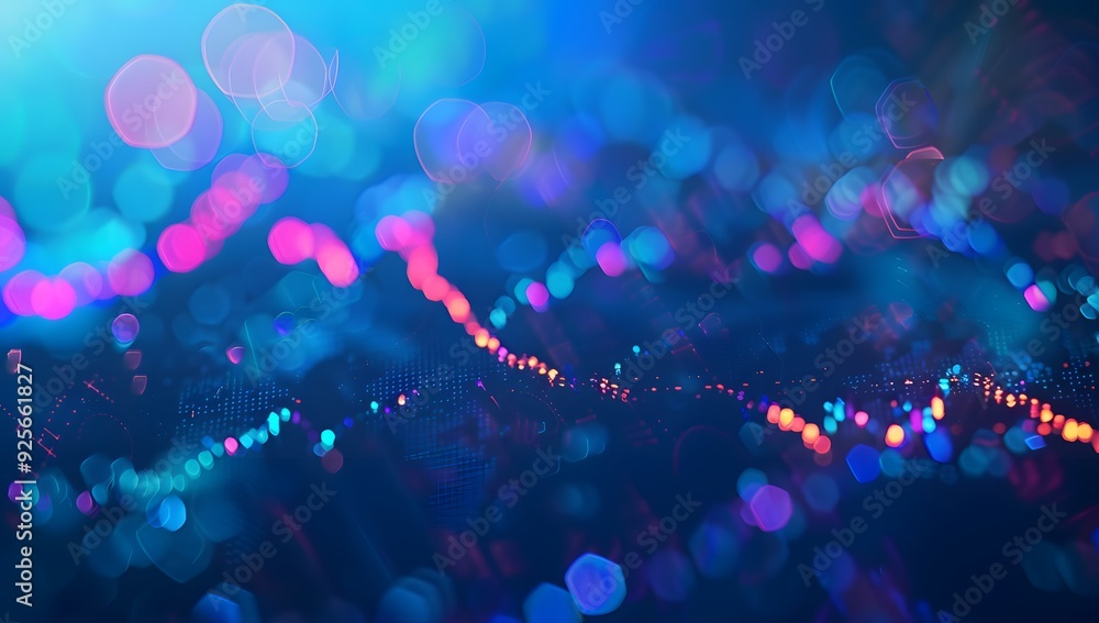 Poster a stock market graph on the screen, blue background with bokeh effect. the trading chart is depicted