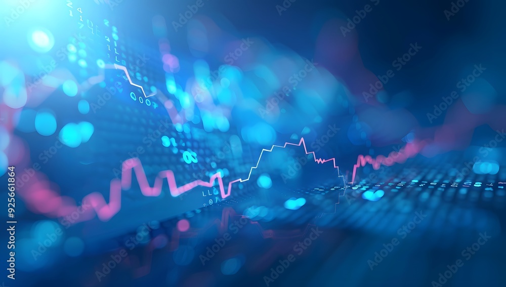 Poster a stock market graph on the screen, blue background with bokeh effect. the trading chart is depicted