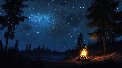 Fototapeta premium Camping under a starry sky with a campfire