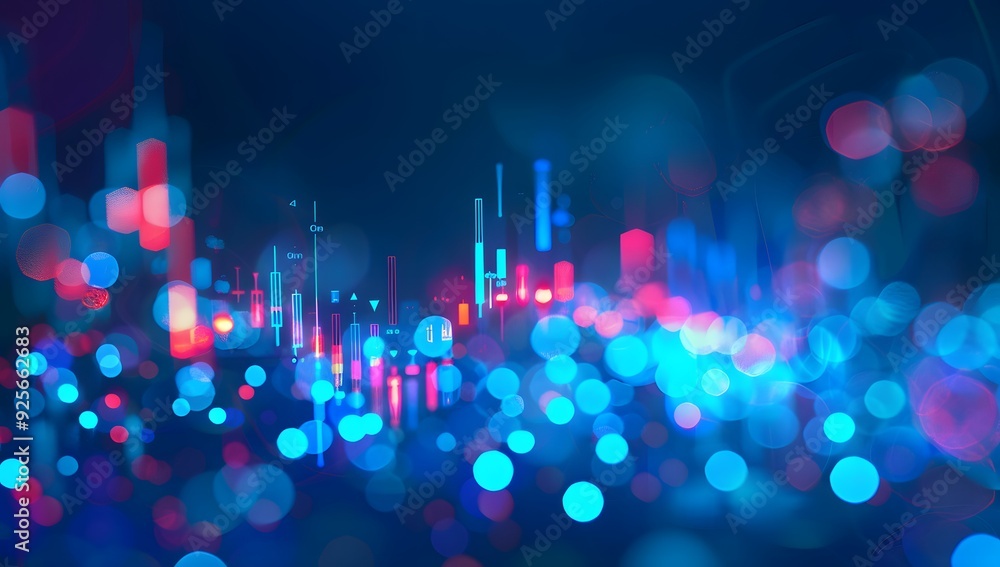 Poster a stock market graph on the screen, blue background with bokeh effect. the trading chart is depicted