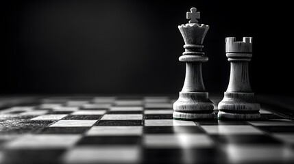 Classic chessboard, intricate black and white pieces, soft ambient lighting, high-resolution photograph, strategic game setting, minimalist design, elegant simplicity, intellectual atmosphere.