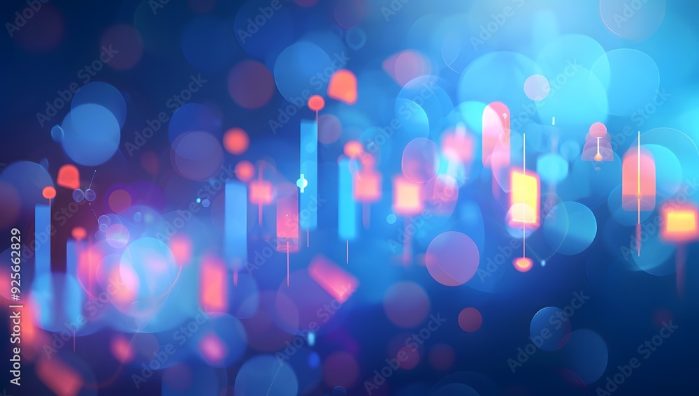 Poster a stock market graph on the screen, blue background with bokeh effect. the trading chart is depicted