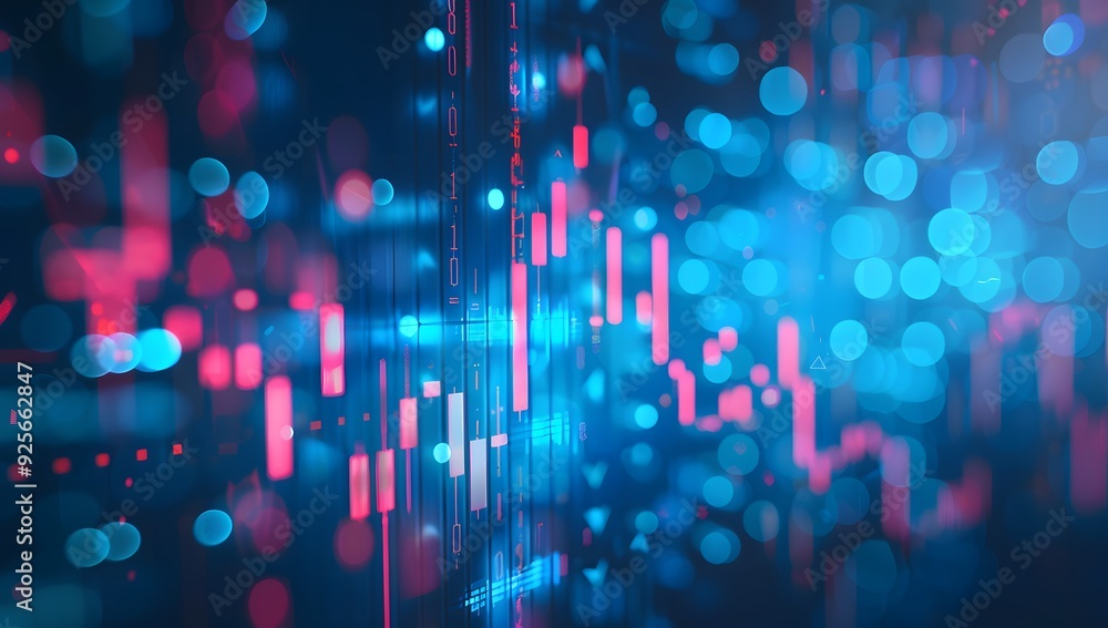 Poster a stock market graph on the screen, blue background with bokeh effect. the trading chart is depicted