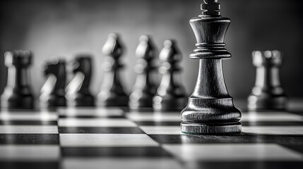 Classic chessboard, intricate black and white pieces, soft ambient lighting, high-resolution photograph, strategic game setting, minimalist design, elegant simplicity, intellectual atmosphere.