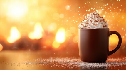 A warm mug of hot cocoa topped with whipped cream, placed by a cozy fireside, representing a delicious winter holiday treat.
