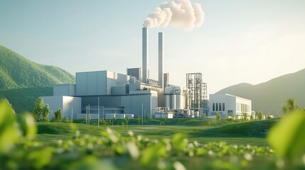 Obraz premium Modern Biomass Power Plant Utilizing Plant-Based Materials for Sustainable Energy Production