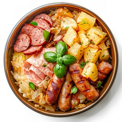 a bowl of food with sausage  potatoes  and other foods