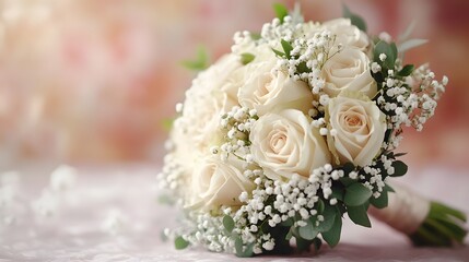 Fototapeta premium Elegant bridal bouquet, white roses, delicate baby's breath, satin ribbon wrap, soft pastel background, professional floral arrangement, crisp focus, romantic atmosphere, wedding day theme.