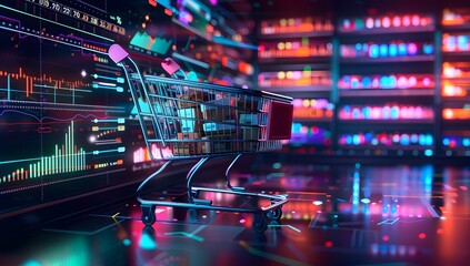 Fototapeta premium A shopping cart filled with goods stands in front of an illuminated black screen displaying graphs and data on the left side, creating a futuristic atmosphere. The background is dark and features neon