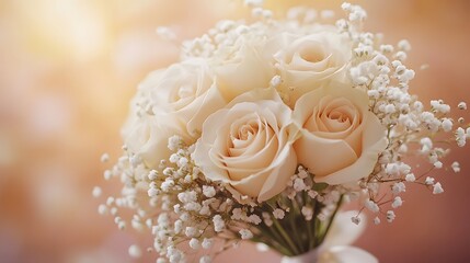 Elegant bridal bouquet, white roses, delicate baby's breath, satin ribbon wrap, soft pastel background, professional floral arrangement, crisp focus, romantic atmosphere, wedding day theme.