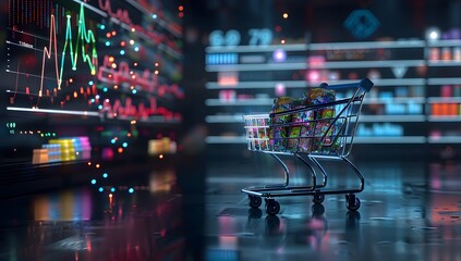 A shopping cart filled with goods stands in front of an illuminated black screen displaying graphs and data on the left side, creating a futuristic atmosphere. The background is dark and features neon