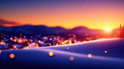 Winter Wonderland Village at Dusk with Magical Christmas Lights, Watercolor Illustration Background for Greetings and Invitations with Copy Space