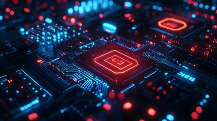 Futuristic cybersecurity interface, holographic digital landscape, floating lock icons, glowing circuit board patterns, neon blue data streams, abstract tech symbols, advanced AI protection system.