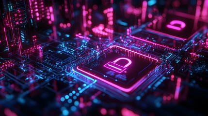 Futuristic cybersecurity interface, holographic digital landscape, floating lock icons, glowing circuit board patterns, neon blue data streams, abstract tech symbols, advanced AI protection system.