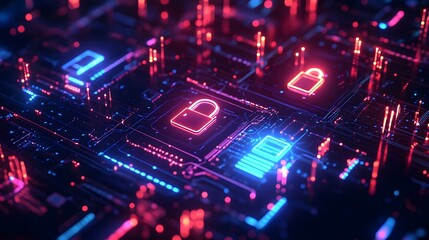 Futuristic cybersecurity interface, holographic digital landscape, floating lock icons, glowing circuit board patterns, neon blue data streams, abstract tech symbols, advanced AI protection system.
