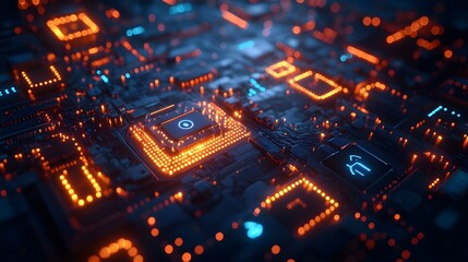 Futuristic cybersecurity interface, holographic digital landscape, floating lock icons, glowing circuit board patterns, neon blue data streams, abstract tech symbols, advanced AI protection system.
