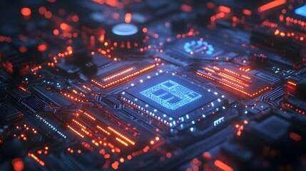 Fototapeta premium Futuristic cybersecurity interface, holographic digital landscape, floating lock icons, glowing circuit board patterns, neon blue data streams, abstract tech symbols, advanced AI protection system.