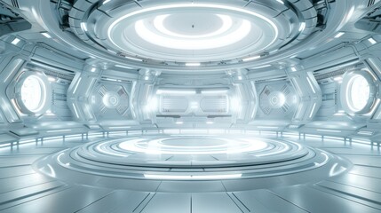 Obraz premium A large, empty room with a white ceiling and white walls. The room is illuminated with bright lights, giving it a futuristic and sterile feel