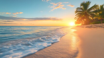 Golden sunset sky, gentle waves lapping shore, soft sand underfoot, clear blue ocean, serene atmosphere, warm hues, palm trees in background, tranquil evening, romantic scene.