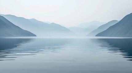 A calm lake with mountains in the background. The water is still and the sky is cloudy. The scene is peaceful and serene