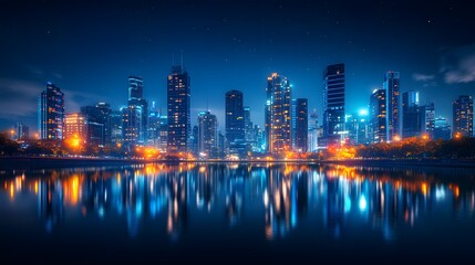 Fototapeta premium Illuminated city skyline, vibrant night lights, reflection on calm river, modern skyscrapers, dark blue sky, twinkling stars, bustling urban environment, high-resolution photograph, serene riverbank.