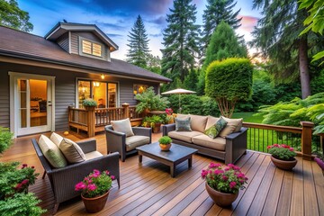 Cozy suburban home with a spacious deck and comfortable outdoor seating area surrounded by lush greenery and a serene natural atmosphere.