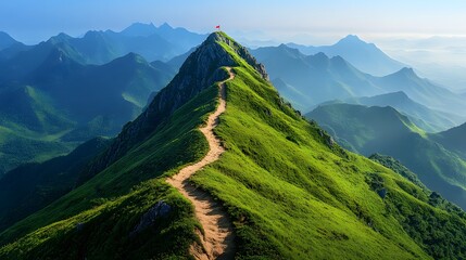 Majestic mountain peak, winding path to summit, red flag at the top, clear blue sky, bright sunlight, verdant green slopes, panoramic mountain range view, rolling hills, distant misty valleys.
