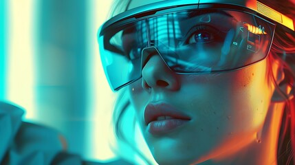 woman wearing futuristic glasses in a neon-lit environment, representing the concept of technology and the future.