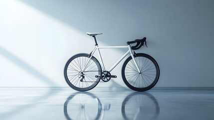 Minimalist white road bicycle, sleek modern design, clean white wall background, reflective white floor, single speed bike, drop handlebars, thin tires, elegant simplicity, showroom display.
