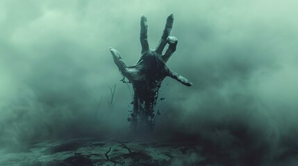 A skeletal hand emerges from the ground amidst thick fog, creating a haunting atmosphere.