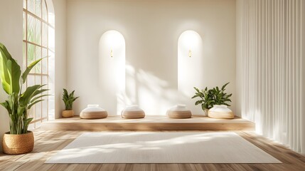 Minimalist yoga studio, soft natural lighting, white walls, wooden floor, clean lines, potted green plants, serene and tranquil atmosphere, inviting wellness space, Zen-inspired design.