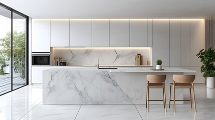 Modern minimalist kitchen, white marble countertops and backsplash, sleek island with integrated dining table, light wood chairs, soft ambient lighting, potted plants, clean lines, bright and airy spa
