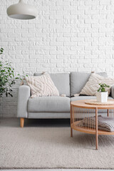 Stylish interior of living room with comfortable sofa, cushions and coffee table