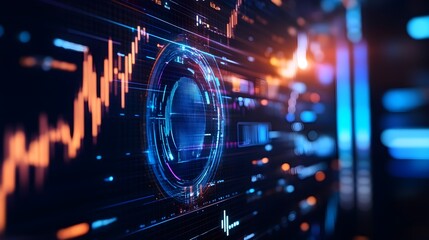 Obraz premium High-tech presentation slide with futuristic UI elements, 3D graphs, and deep blue tones, designed to stay sharp on any display