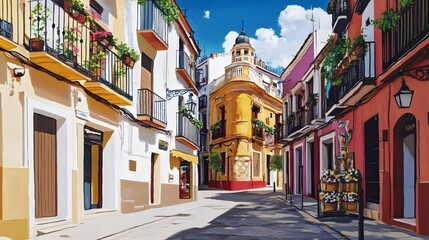 Fototapeta premium Spanish Flat Design Street Corner, Realism Art, Vibrant City Life, Cultural Heritage Scene