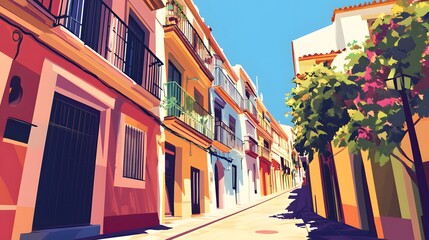 Spanish Flat Design Street Corner, Realism Art, Vibrant City Life, Cultural Heritage Scene
