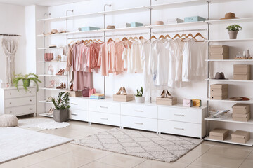 Big wardrobe with stylish clothes and accessories