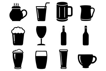 set of drinks glass and Champagne Glasses black and white silhouette vector illustration