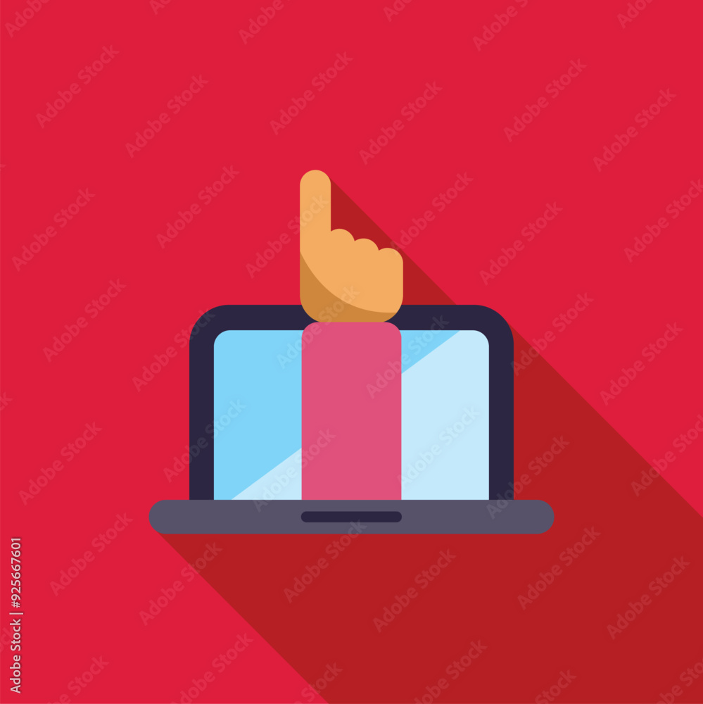 Poster hand is pointing up from a laptop screen on a red background with a long shadow