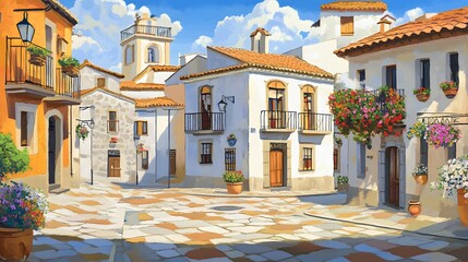 Obraz premium Spanish Flat Design Street Corner, Realism Art, Vibrant City Life, Cultural Heritage Scene